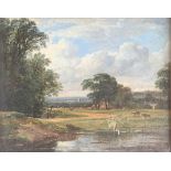 19th century British, cattle watering, oil on board, sketch to reverse of panel, 18.5x23cm