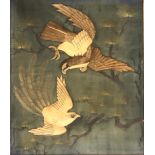 A pair of Japanese Meiji era silk embroidery works depicting eagles amongst pine trees, set with