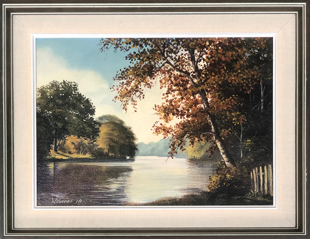 Bill Haines (b. 1943), lake in autumn, oil on canvas, signed and dated 1978, 24x25cm