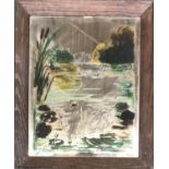 An Edwardian painted oak frame wall mirror, painted with a pond scene of a swan amongst lilypads and