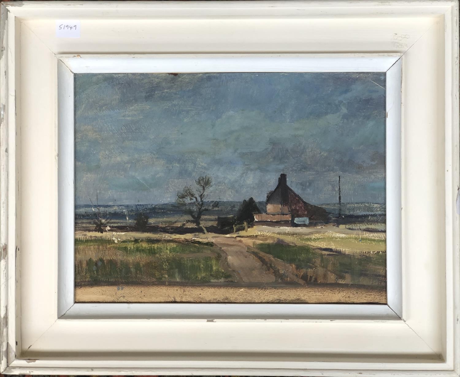 20th century oil on paper, isolated house in a rural landscape, 29x40cm