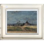 20th century oil on paper, isolated house in a rural landscape, 29x40cm