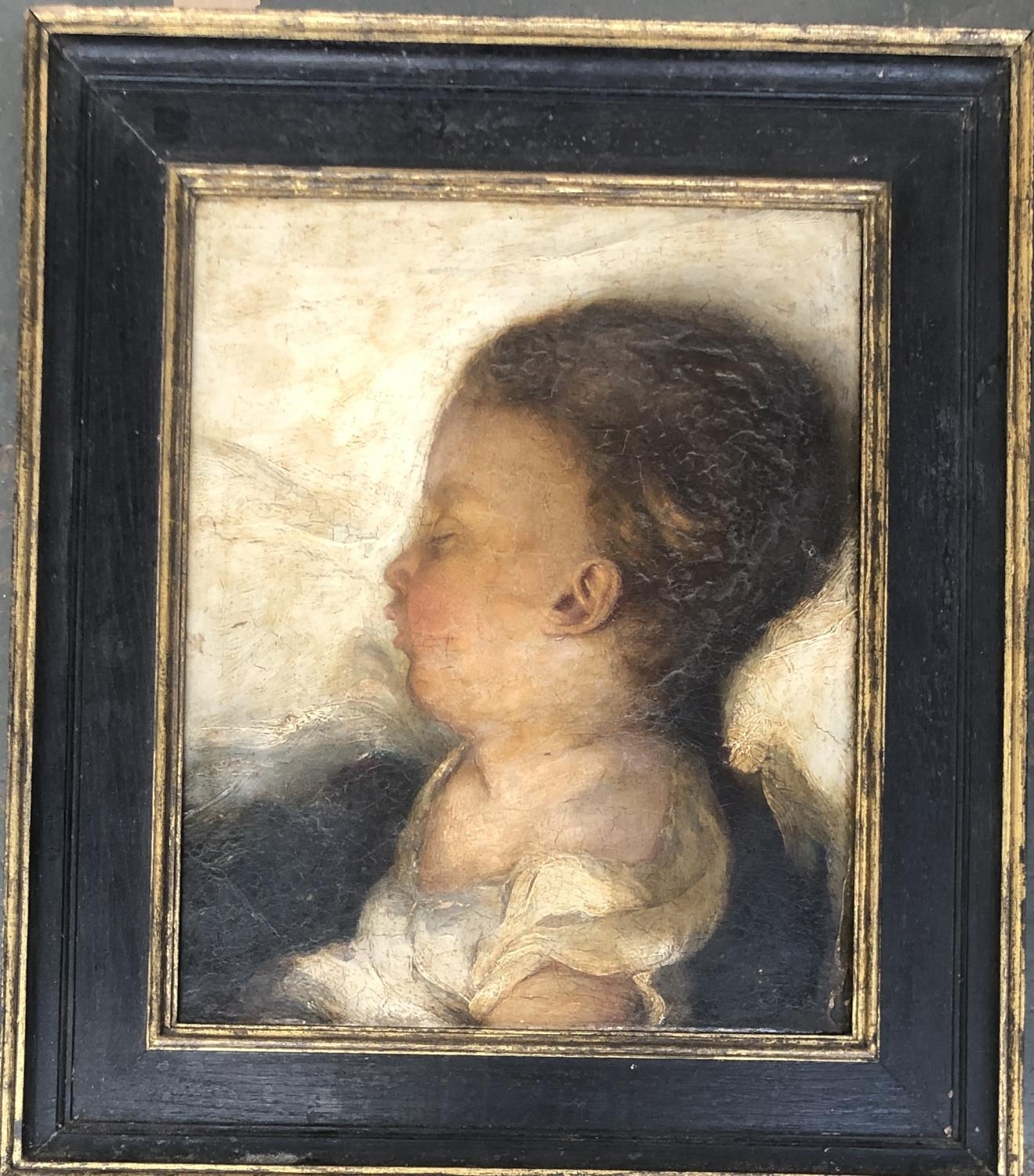 20th century oil on board, study of a sleeping child's head, 43x35cm