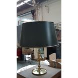 A brass and tole bouillotte lamp, three fittings and adjustable shade, 61cmH