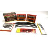 Two Hornby R4135 OO Gauge Four-Wheel coaches '350', an OO Gauge ESG Machinery wagon, an LMS wagon, a