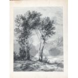 19th century monochrome watercolour, figures and trees in a mountainous landscape, 25.5x20cm