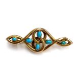 An Art Nouveau 15ct gold and turquoise brooch of swirling form, possibly Murrle Bennett & Co., 4.5cm