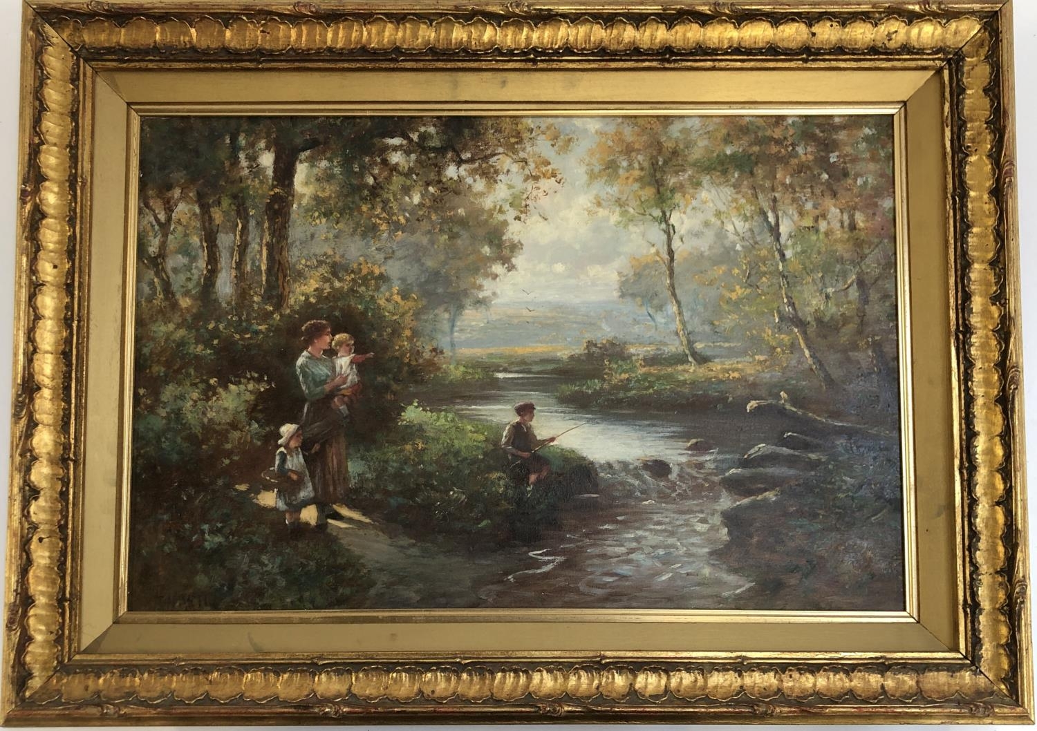 20th century oil on canvas, fishing trip, signed H. Martin? lower left, 38x58cm