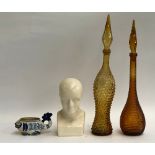 Two orange glass bottle vases, the tallest 57cmH; together with a ceramic bust, 26cmH; and a USSR