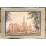 A 19th century watercolour of Lichfield Cathedral, 30x45cm