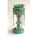 A Victorian turquoise opaline glass table lustre (af), 34cm high
