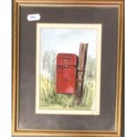 A 20th century watercolour of a red post box, by Joyce Maundrell, signed and dated 1991, 16x11cm