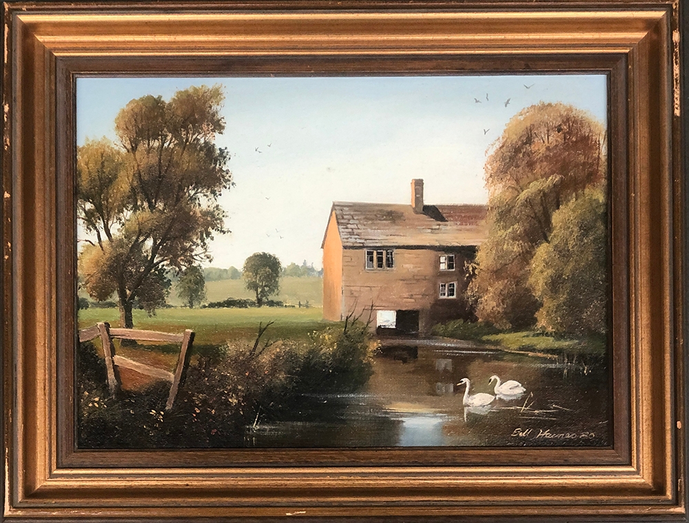 Bill Haines (b. 1943), swans by a water mill, oil on canvas, signed and dated 1980, 24x34cm