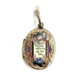 A Victorian gold back and front locket with floral enamel motto decoration, 'Many Happy Returns Of