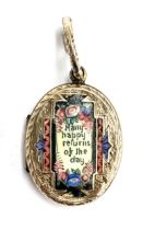 A Victorian gold back and front locket with floral enamel motto decoration, 'Many Happy Returns Of