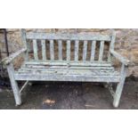 A pair of oak slatted garden benches, 127cmW