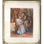 A 20th century watercolour of Medieval-esque scene, in a gilt gesso frame, 37x29cm