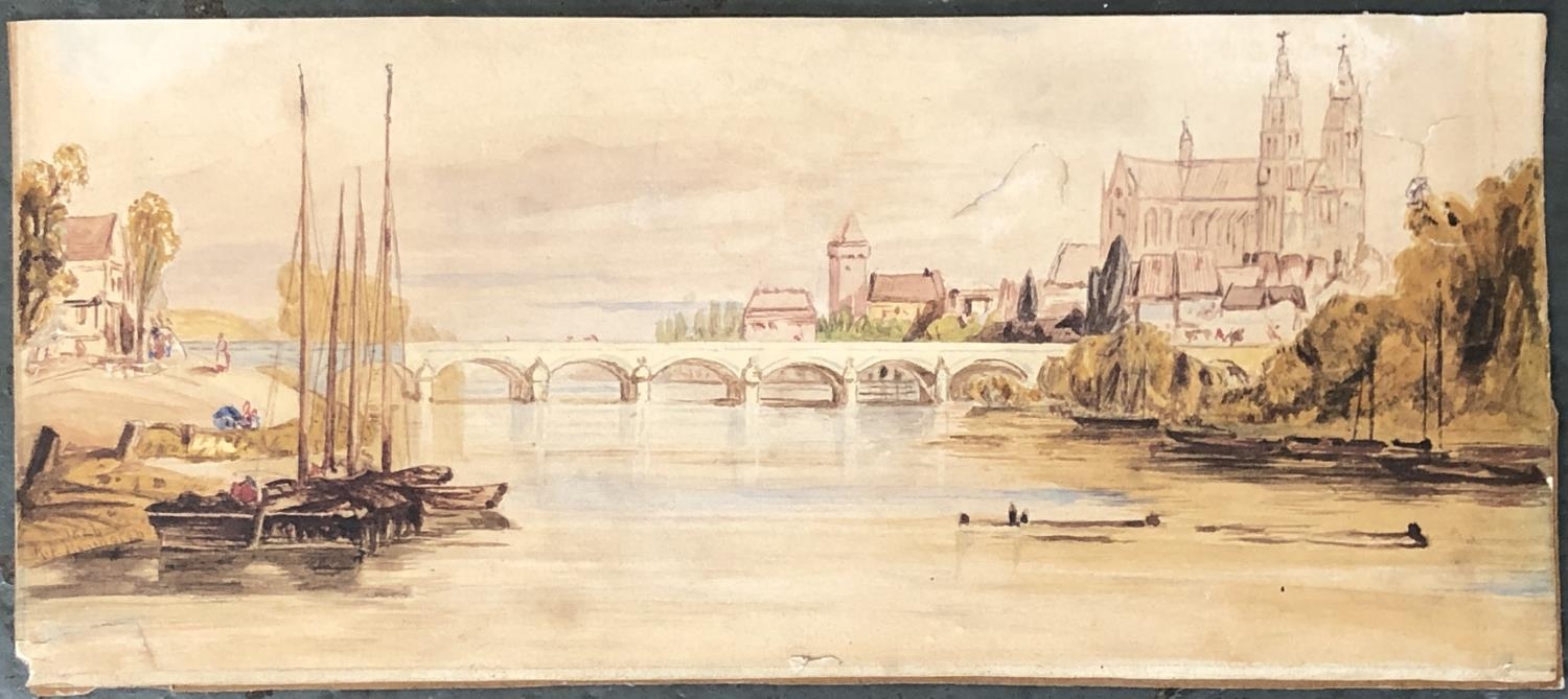 Manner of Frederick John Skill, bridge over a river with cathedral in the background, 11x26cm