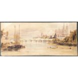 Manner of Frederick John Skill, bridge over a river with cathedral in the background, 11x26cm