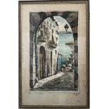 20th century watercolour, mediterranean street scene, 53x32cm