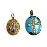 A yellow metal and enamel locket (af), with split pearl crucifix decoration, glazed back, 2.3cmL;