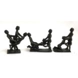 A set of three cast bronze erotic figure groups, each approx. 9.5cmH