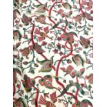 A pair of good country house curtains, lined and interlined, red and green stylised birds amongst