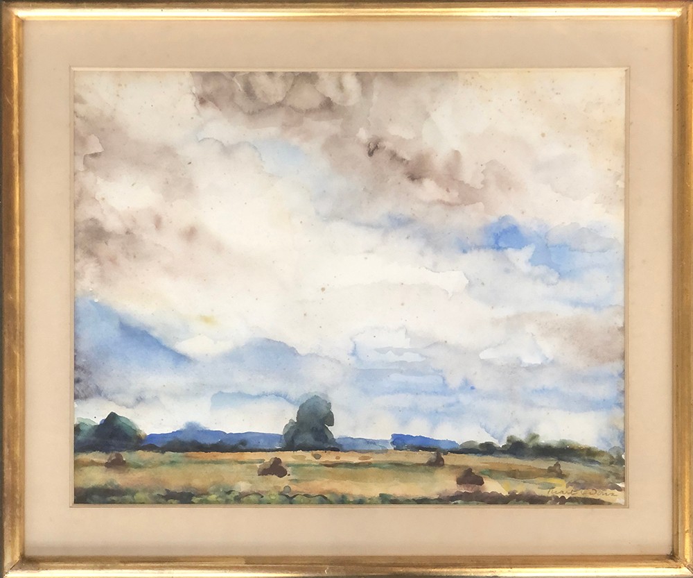 Charles Picart Le Doux (French 1881-1959), cloudy sky over field, watercolour on paper, 38x48cm - Image 2 of 2