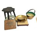 A mixed lot to include Chinese brass bowl, other metal items, a heavy brass pail, copper plaque