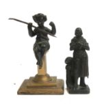 A bronze figure of Jeanne D'Arc, 10cmH; together with a bronze figure of Cupid on a wooden plinth,