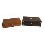 A 19th century rosewood and mother of pearl sewing box, lined interior 40cmW; together with a