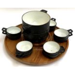 A Richard Nissen Danish lazy Susan with 12 small cast iron dishes, 10cmD and 2 large pots, 18cmD,