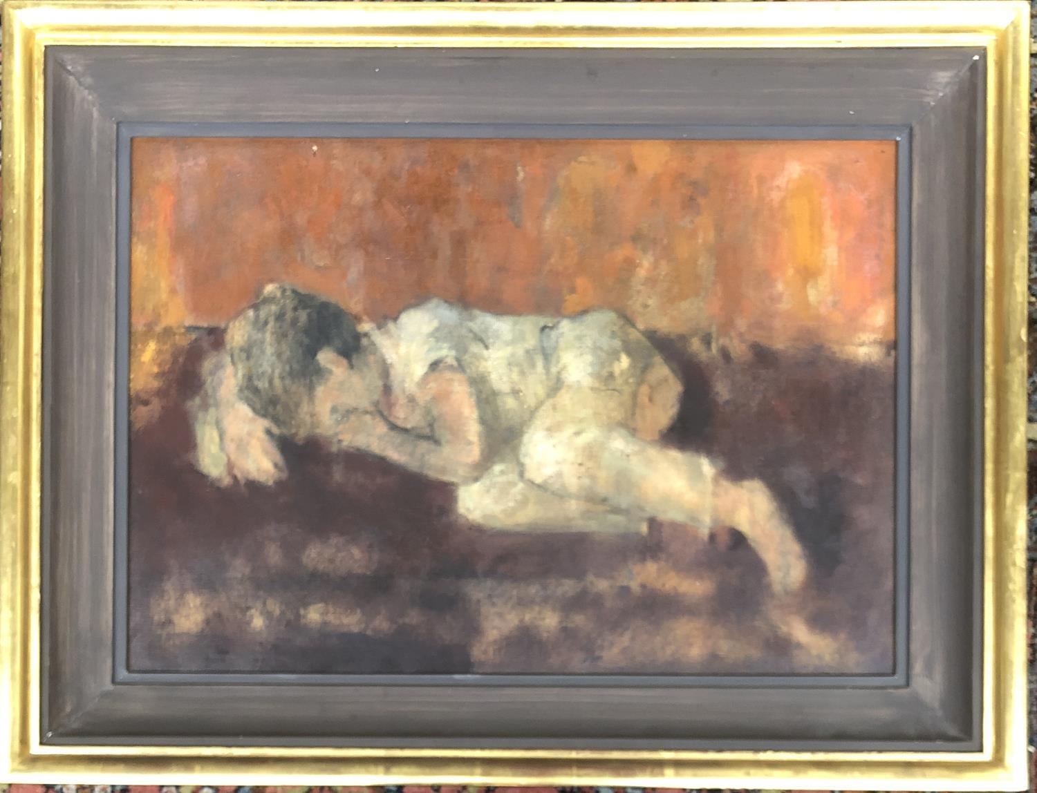 20th century oil on canvas, study of a boy resting, signed indistinctly, dated 1964, 45x65cm