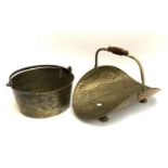 A brass preserve pail, 34cmD; together with an Indian beaten metal basket with swing handle and claw