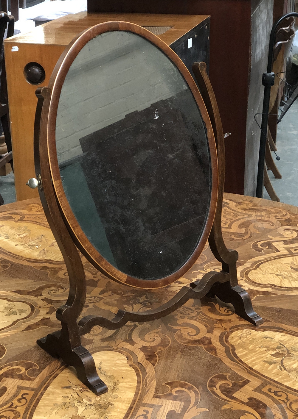 A 19th century oval shaving mirror, on bowfront galleried stand, 58cmH; together with an oval - Image 3 of 3