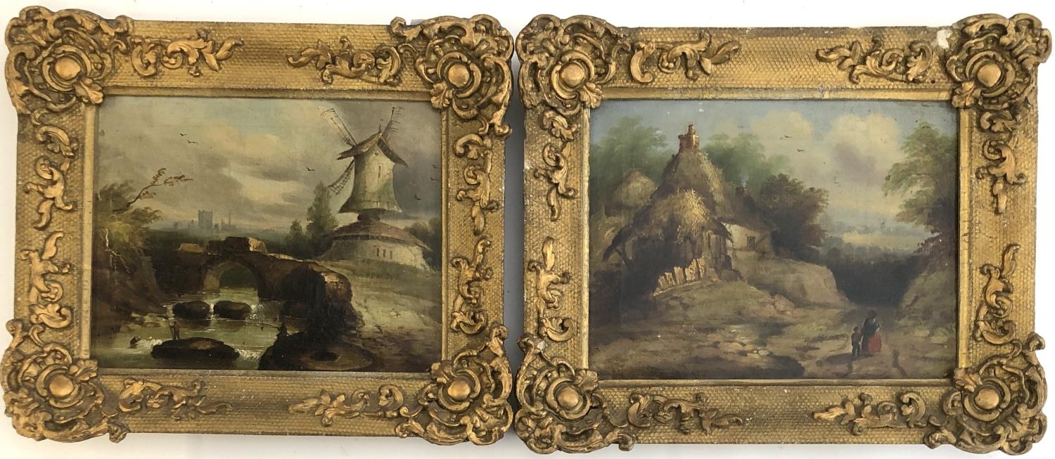 A pair of 19th century continental studies, oil on canvas, one a windmill by a bridge, the other a