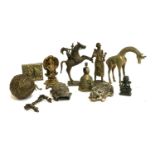 A quantity of brass and cast metal figures and items, to include a carved soapstone hippo trinket