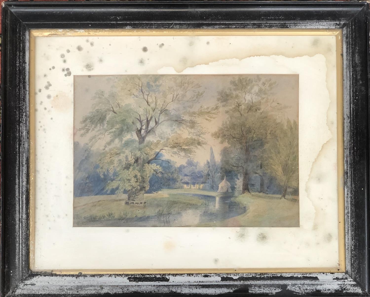 A late 19th century/early 20th century watercolour of a river running through a garden, 23x33cm