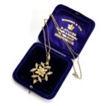 An Edwardian 15ct gold and seed pearl pendant on 9ct gold chain, total weight 7.6g; in a blue velvet