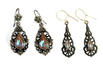Two pairs of early 20th century Czech earrings set with saphiret glass, 3cm long and 3.5cm long