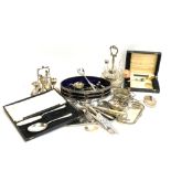 A mixed lot of plated and other items to include a set of egg cups and stand; various trays and