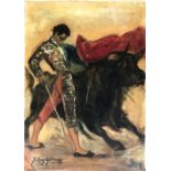 20th century oil on paper laid on board, matador and bull, signed 'T Cros Estreif' (?) lower left,