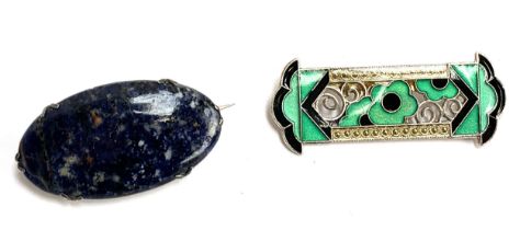 An Art Deco Pierre Bex style enamel brooch, 6cmL; together with a silver and lapis brooch, 4.5cmW