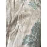 A pair of extremely heavy country house curtains, lined and interlined, pale blue and ivory acanthus