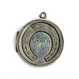 A Victorian silver locket, engraved 'Good Luck' within a horseshoe, 2.2cmD