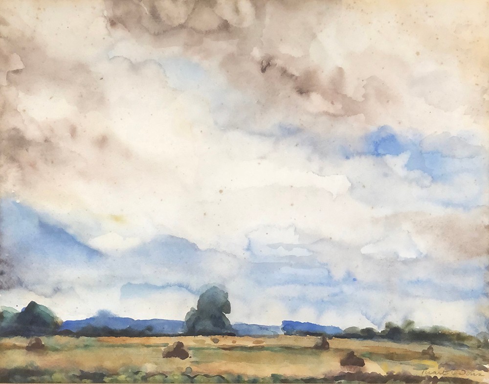 Charles Picart Le Doux (French 1881-1959), cloudy sky over field, watercolour on paper, 38x48cm