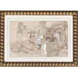 A 19th century architectural study, possibly Italian, pen and ink heightened in white, 25x40cm