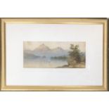 Late 19th/early 20th century watercolour landscape study, geese over a lake, mountains in