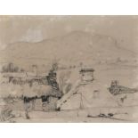 Sir Edwin Henry Landseer RA (1802-1873), pencil sketch, a view over rooftops looking to a hill,