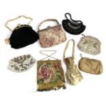 Eight early 20th century ladies purses and bags to include a beaded bag, gilt engrave frame, dated